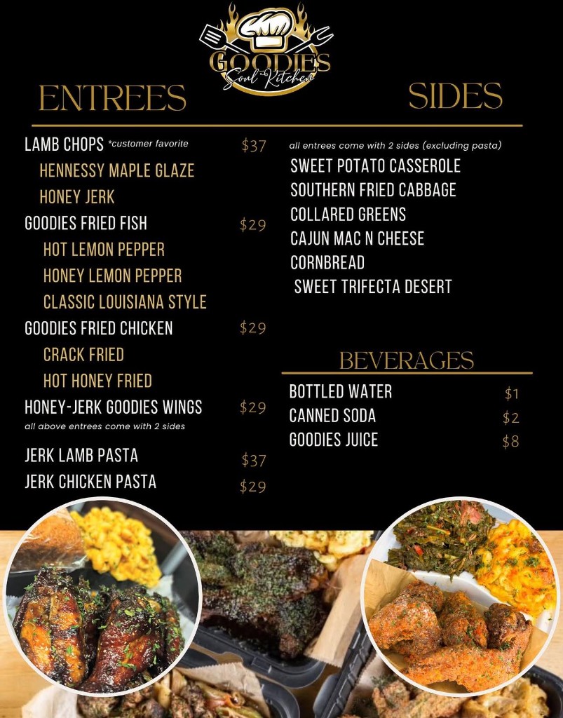 Goodies Soul Kitchen full menu featuring entrees, sides, and beverages